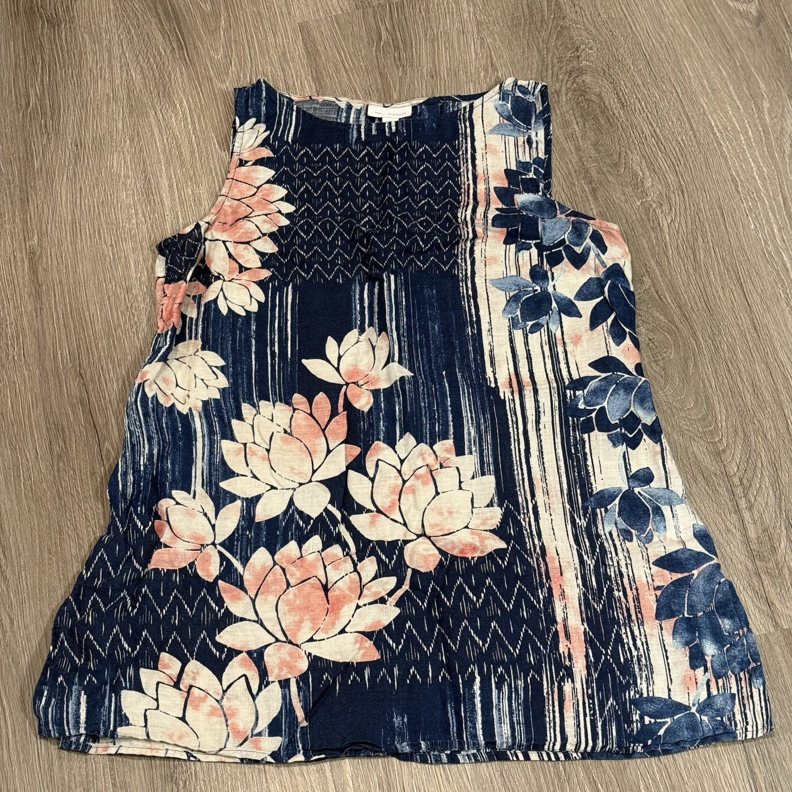J. Jill Pure Jill Linen Blue Pink Lotus Floral Print Tunic Top Size Small Petite