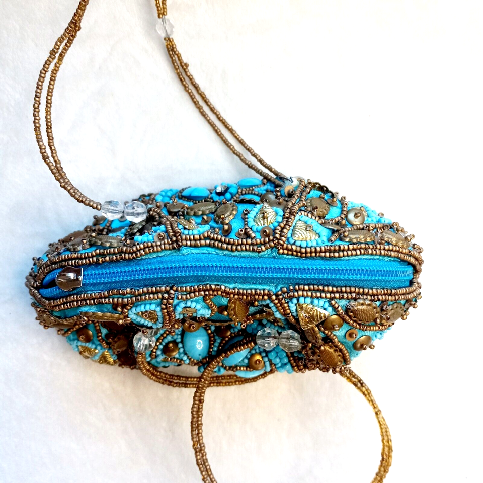 Vintage Bougainvillea Handbag Purse Turquoise Gold Beaded Faux Stones