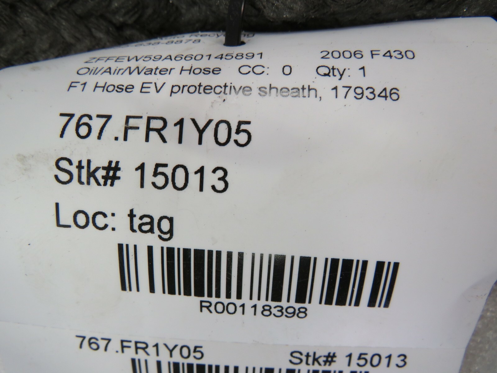 Ferrari F430, F1 Hose Protective Sheath, Used, P/N 179346