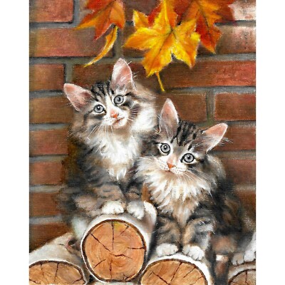   ORIGINAL Oil Portrait Painting NORWEGIAN FOREST CAT Signed Art Maple Leaves