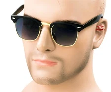 Horn Rim Retro Vintage Style Sunglasses Metal Gradient Smoke/Gray Black/Gold 4A