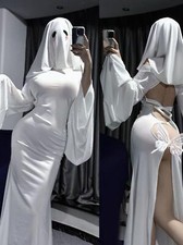 Female Ghost Cosplay Costume Halloween Scare Face Cape Scream Costume