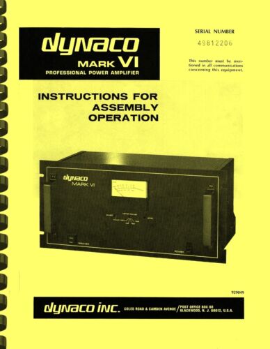 Dynaco Mark VI MK VI Power Amplifier INSTRUCTIONS FOR ASSEMBLY OPERATION MANUAL - Picture 1 of 1