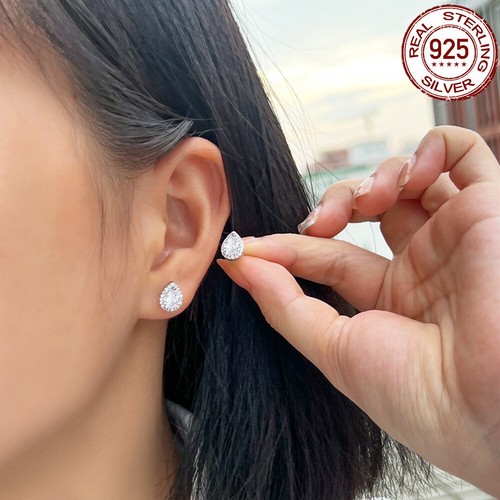 Kleine weiße CZ Träne Ohrstecker 925 Sterling Silber Zirkonia Schmuck - Bild 2 von 9