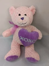 HugFun Pink Bear Plush Quilted Purple Feet XOXO Heart 13" Stuffed Animal Toy