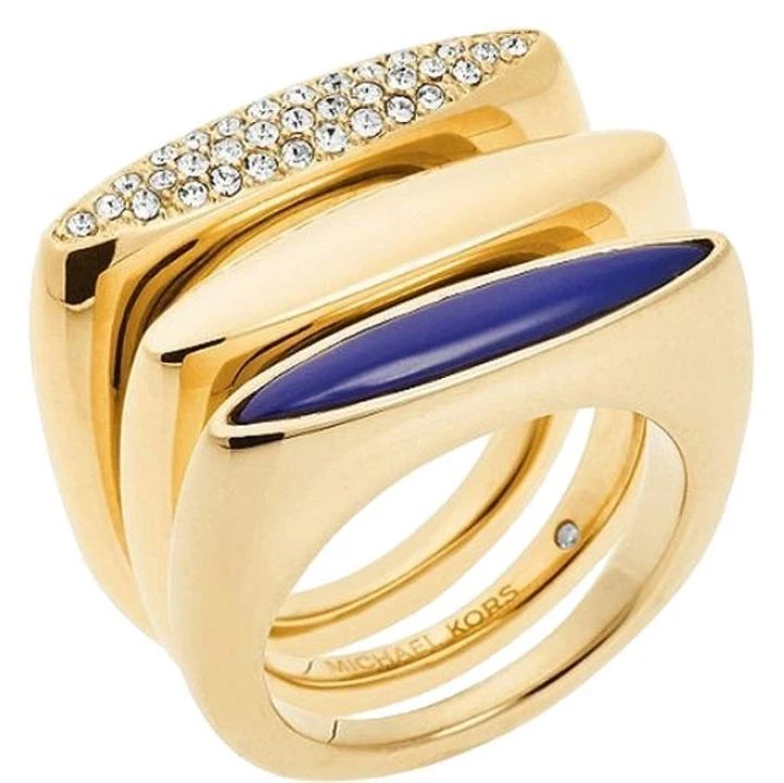 MICHAEL KORS TONO ORO LAPISLAZZULI BLU CRISTALLO SET DI 3 ANELLI IMPILABILI MISURA 6 MKJ4512