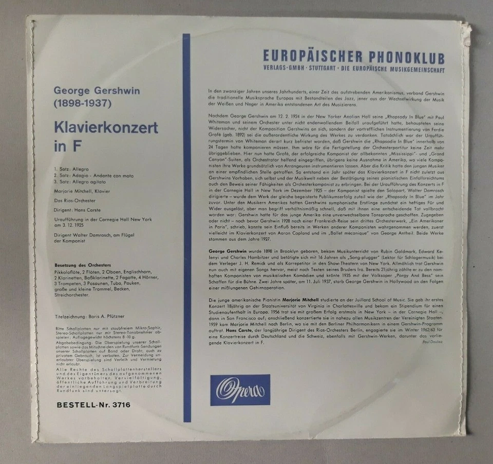 GEORGE GERSHWIN Klavierkonzert in F 10" NM Vinyl Sonderauflage 1964 Opera | RARE - Bild 2 von 3