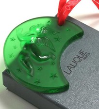 LALIQUE ANGEL CHERUB MOON 1999 FROSTED GREEN CRYSTAL CHRISTMAS ORNAMENT w/ BOX