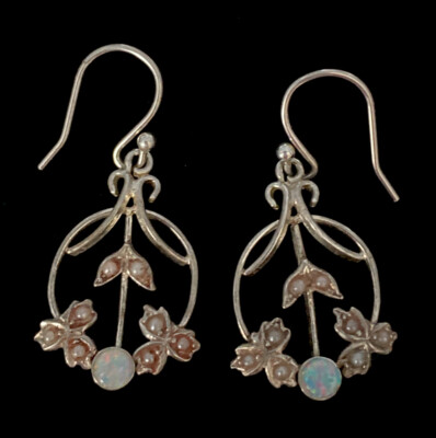 Antike Jugendstil Sterling Silber Opal und Saatperlen Blatt Ohrhänger