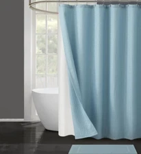 4 Pc Bath Set - Curtain, Liner, Hooks, And Bath Mat - Blue