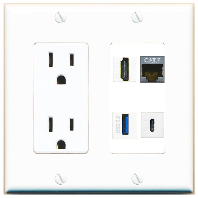 CAT7 HD USB-3 USBC Port Wall Plate w/Power Outlet White