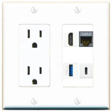 CAT7 HD USB-3 USBC Port Wall Plate w/Power Outlet White