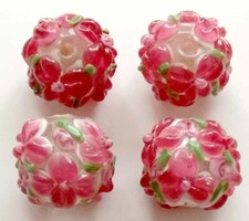 10pcs handmade Lampwork glass round Beads pink flower 15mm