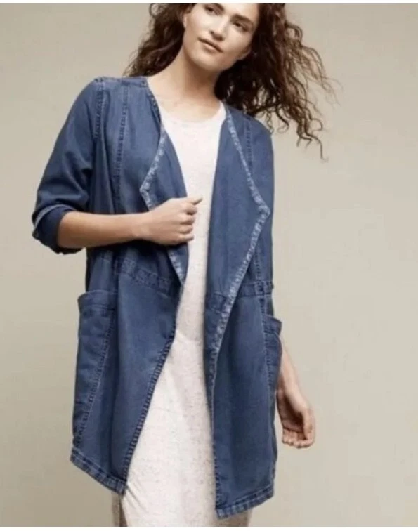 Chaqueta de mezclilla Hei Hei Anthropologie pequeña ligera frente abierto lino cambray Foto 2 de 4