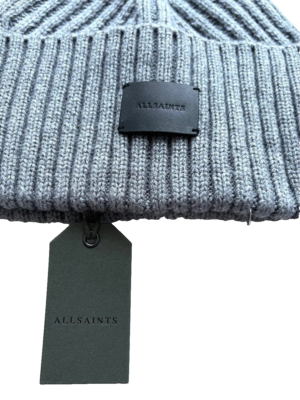 ALLSAINTS Travelling Rib Cuff Patch Beanie Hat Grey Marl for  display picture 3