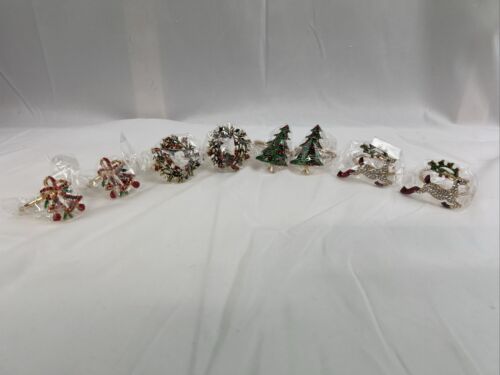 Christmas Napkin Ring Set Of 8 Wreath Tree Reindeer Bells - Picture 1 of 10