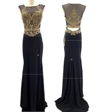ASPEED SZ S black gold hand beaded mesh sleeveless cutout formal gown NWT B163