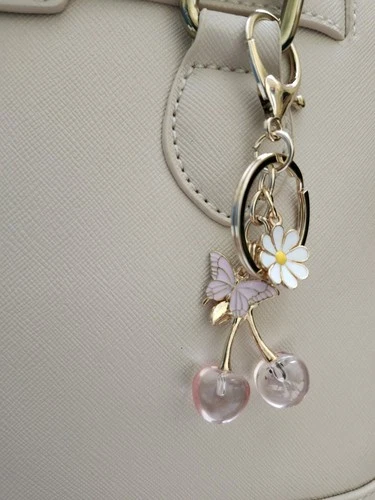 CUTE! PINK Cherry Butterfly Daisy Bag Charm Key chain Gold Purse Charm NEW!