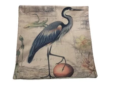 Beautiful Blue Heron Egret Nature Garden Linen Throw Pillow Cover Home Decor 18”
