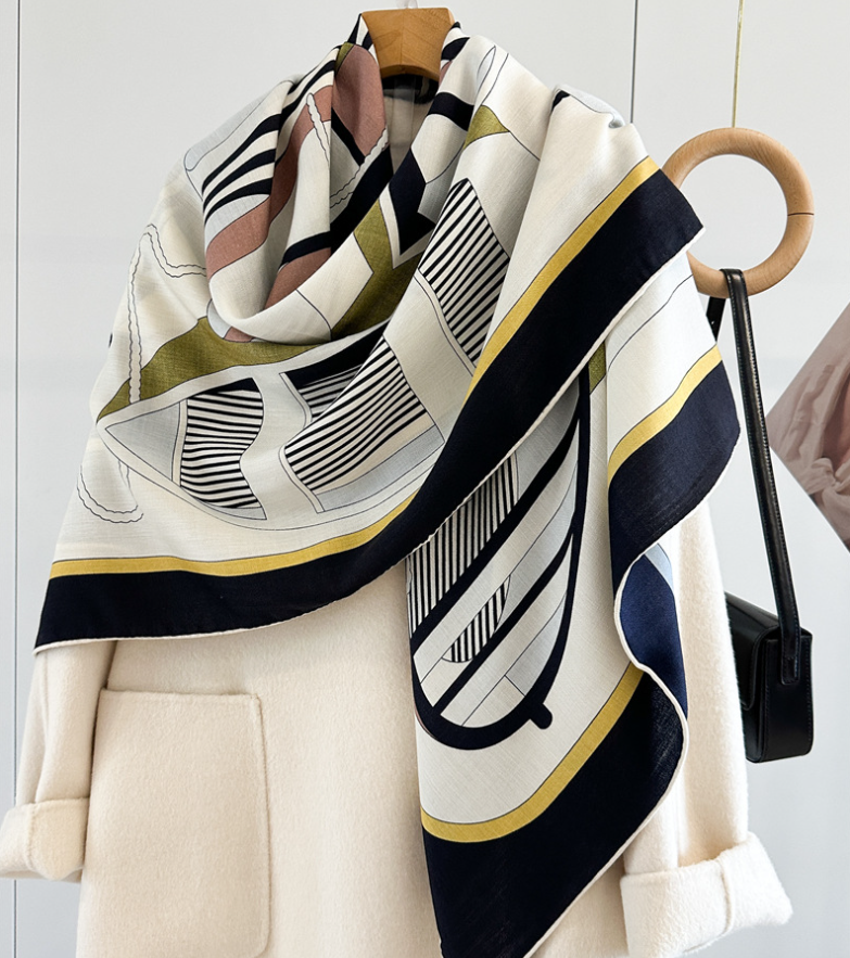 70% Cashmere 30% Silk Wrap Scarf navigation Print Double Face Print Shawl 53''