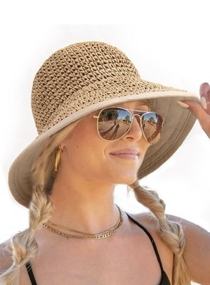 FURTALK Summer Straw Beach Sun Hat Women UPF 50 Floppy Wide Brim Linen paper