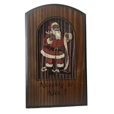 Vtg Primitive Christmas Santa Claus RedWood Sign Hand Carved Naughty Or Nice 12"