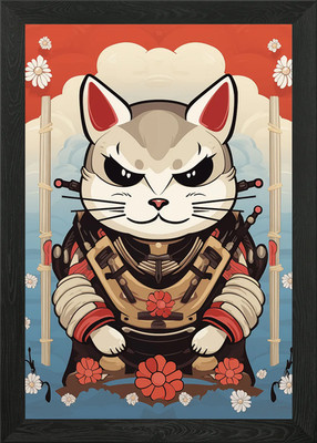 Japanische Katze Samurai gerahmtes Wandbild Poster Leinwanddruck Bild