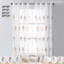 Pair Embroidered Sheer Curtains Living Room White Voile Net Drapes Eyelets Yarn