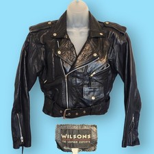 Vtg Wilsons Leather Motorcycle Jacket Womens Medium Black Biker Moto Belted 80s