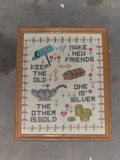 Vintage Cross Stitch Sampler Make New Friends Keep the Old Framed Needlework