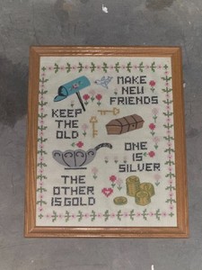 Vintage Cross Stitch Sampler Make New Friends Keep the Old Framed Needlework