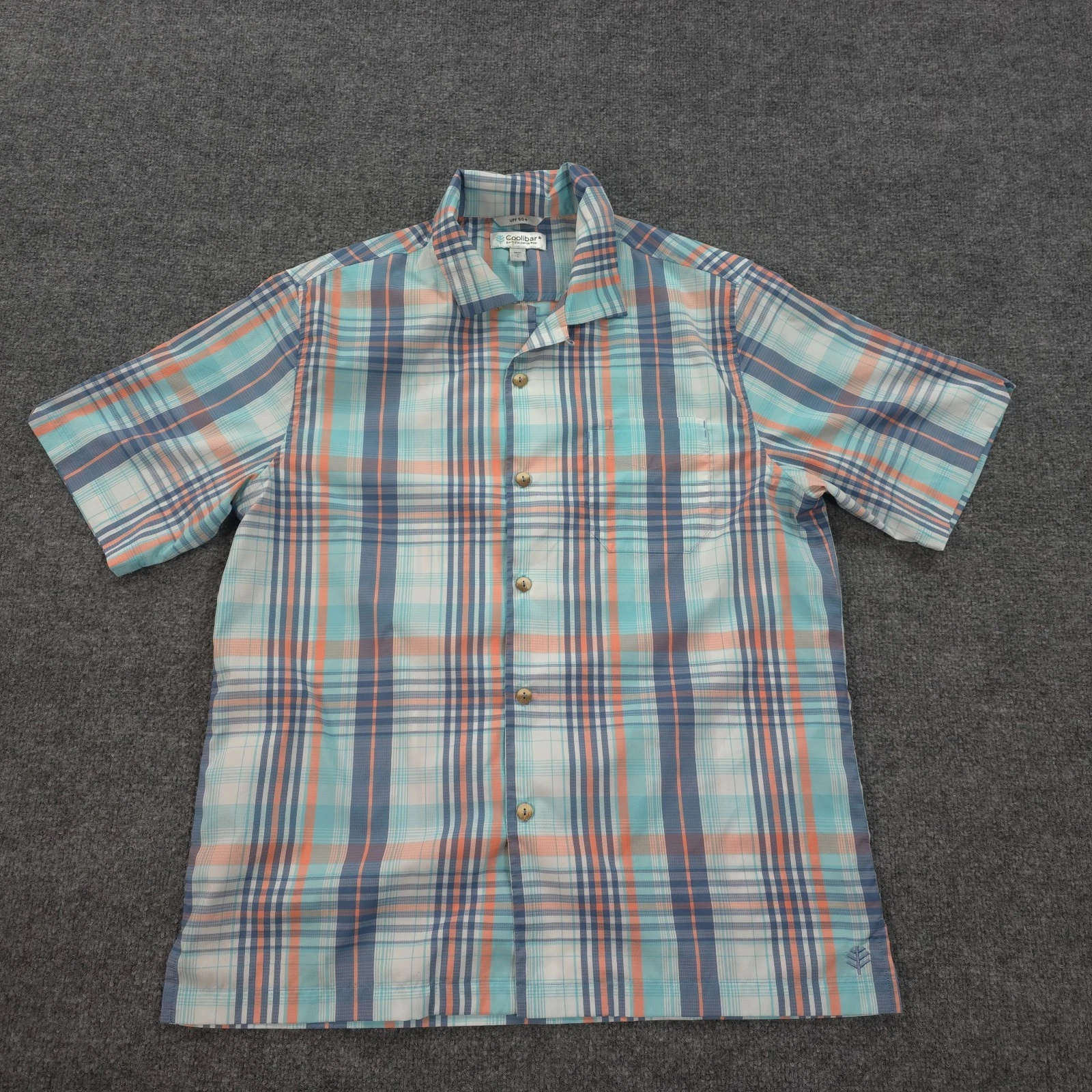Coolibar Shirt Mens Large Blue Plaid Safari Camp Loop Collar Hike Fish Outdoors