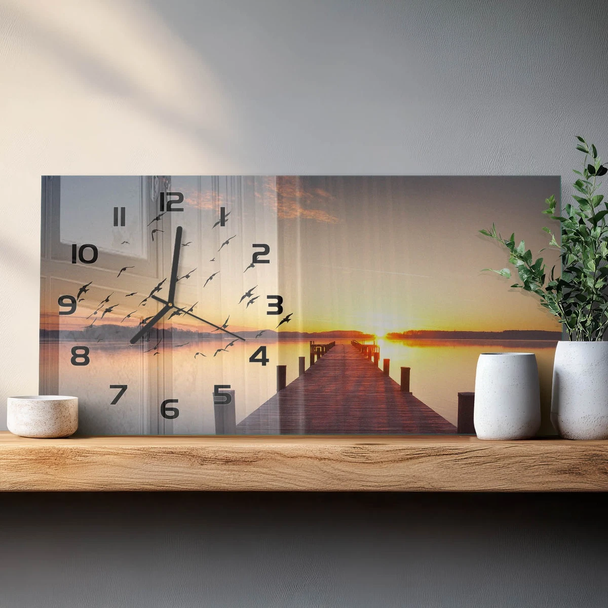 Reloj de Pared Rectangular Cristal Decorativo Elegante Atardecer 60x30 cm