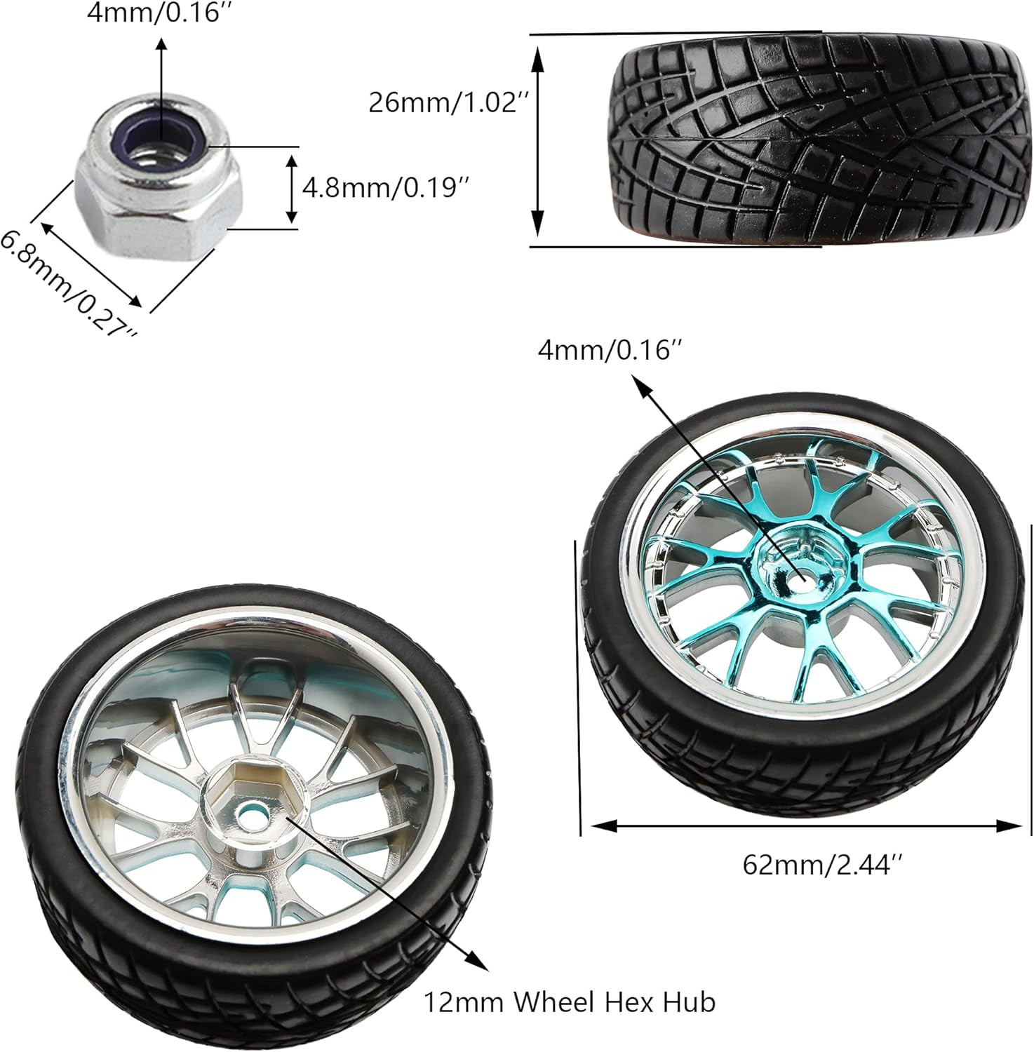 4PCS 12Mm Hex Hub RC Cars Wheels and Tires,62Mm on Road Touring Rubber Racing Ra