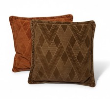 Set of 2 Vintage Velvet Chenille Throw Pillows Brown Rust Argyle Jacquard 13  