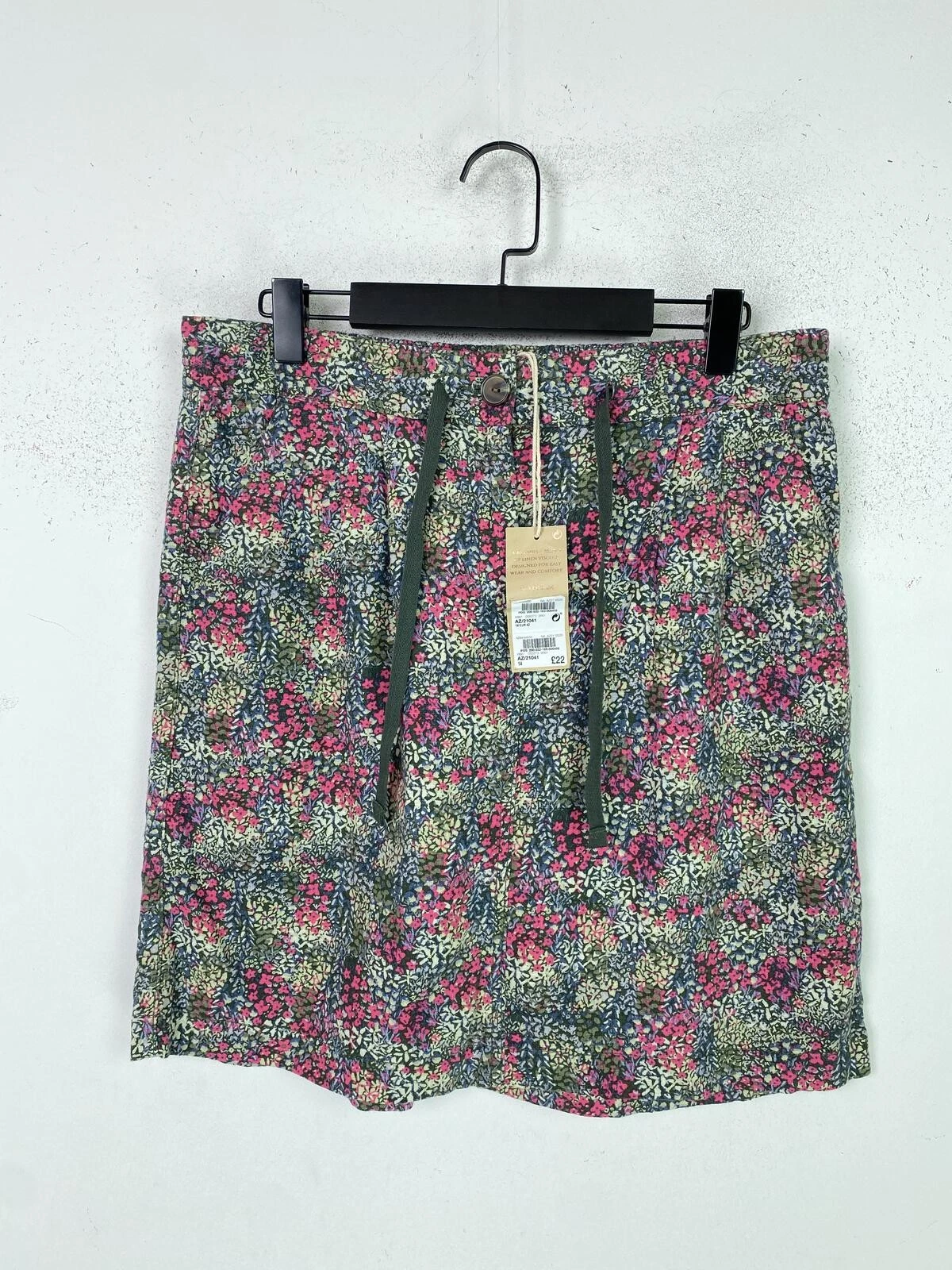 Next Green Pink Floral Mini Pleated Skirt Mid Rise Linen Blend UK 14 NEW