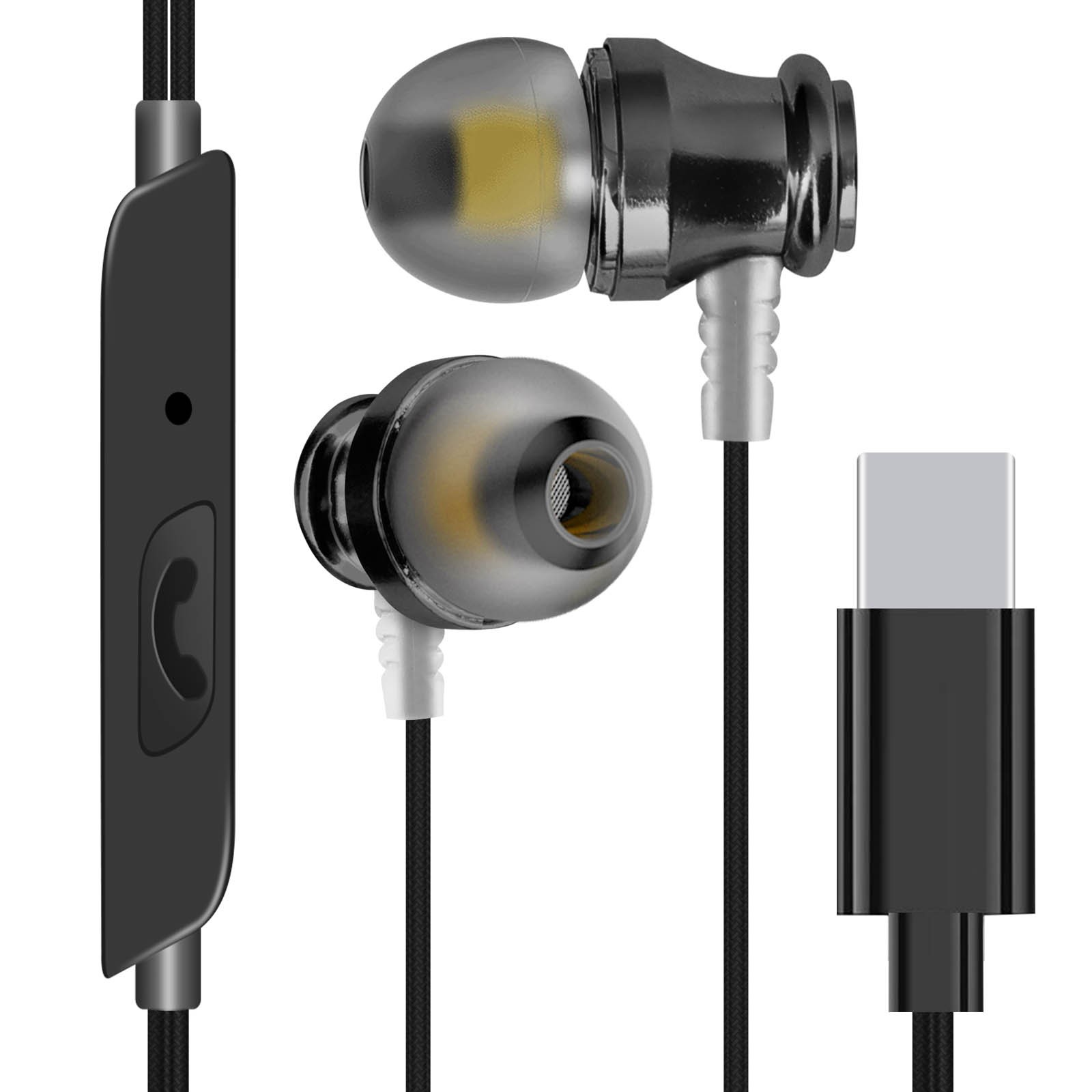 Écouteurs USB-C noirs LinQ avec microphone HD et télécommande intégrée pour appels