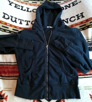 AVANI SIZE S SOLID BLACK VTG HOODIE FULL ZIP POCKETS USA COTTON SPANDEX DLB HEMS