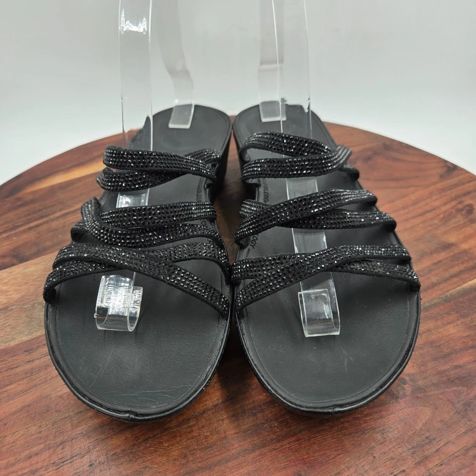 Sandalias FitFlop Linny Mujer 9 Cuero Negro Cristal Tirantes Slide Plataforma Cuña Foto 3 de 4