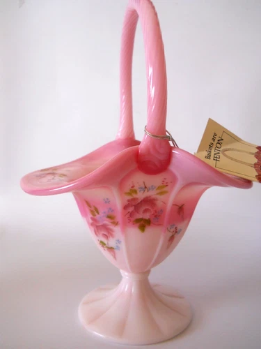 Fenton Rosalene Textured Rose Basket HP by D Fredrick WC Fenton 10" Mint