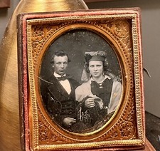 Daguerreotype of a Man Woman Wearing Unusual Headwear or Veil 1/6 1850s