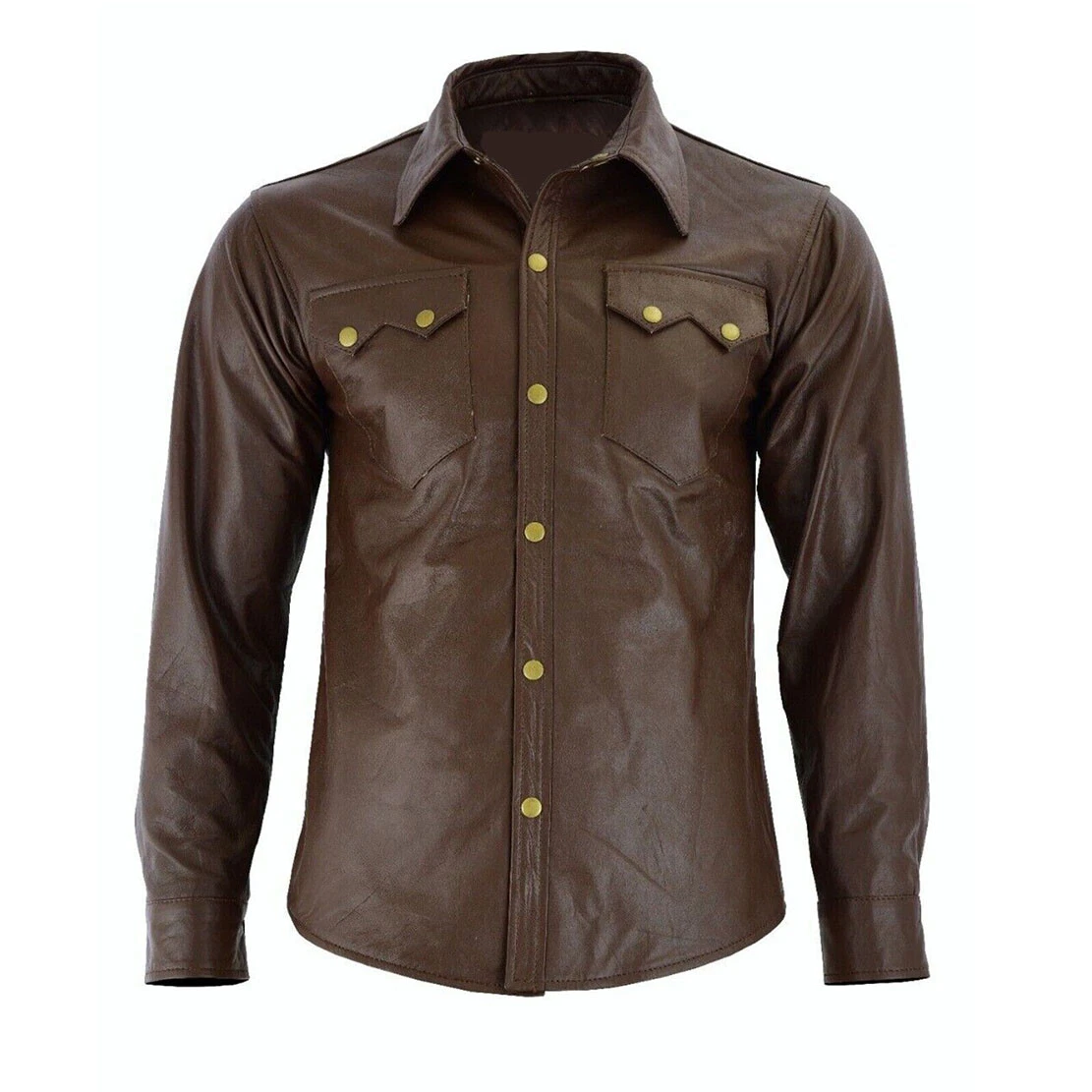 Brown Leather Classic Men's Western Shirt made with genuine leather Lamb Shirts