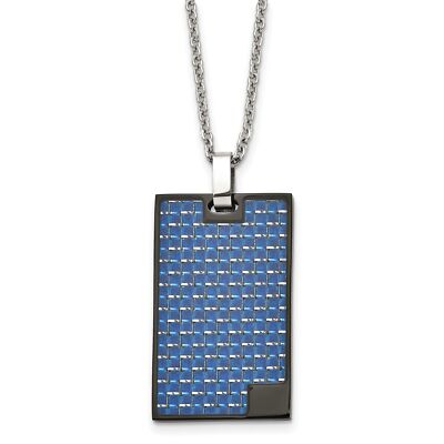 Stainless Steel Polished Black IP Plated Blue Carbon Fiber Necklace