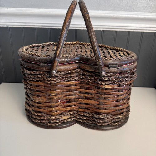 Vintage Heart Shaped Picnic Sewing Storage Basket Woven Wicker Rattan Handles - Imagen 7 de 10
