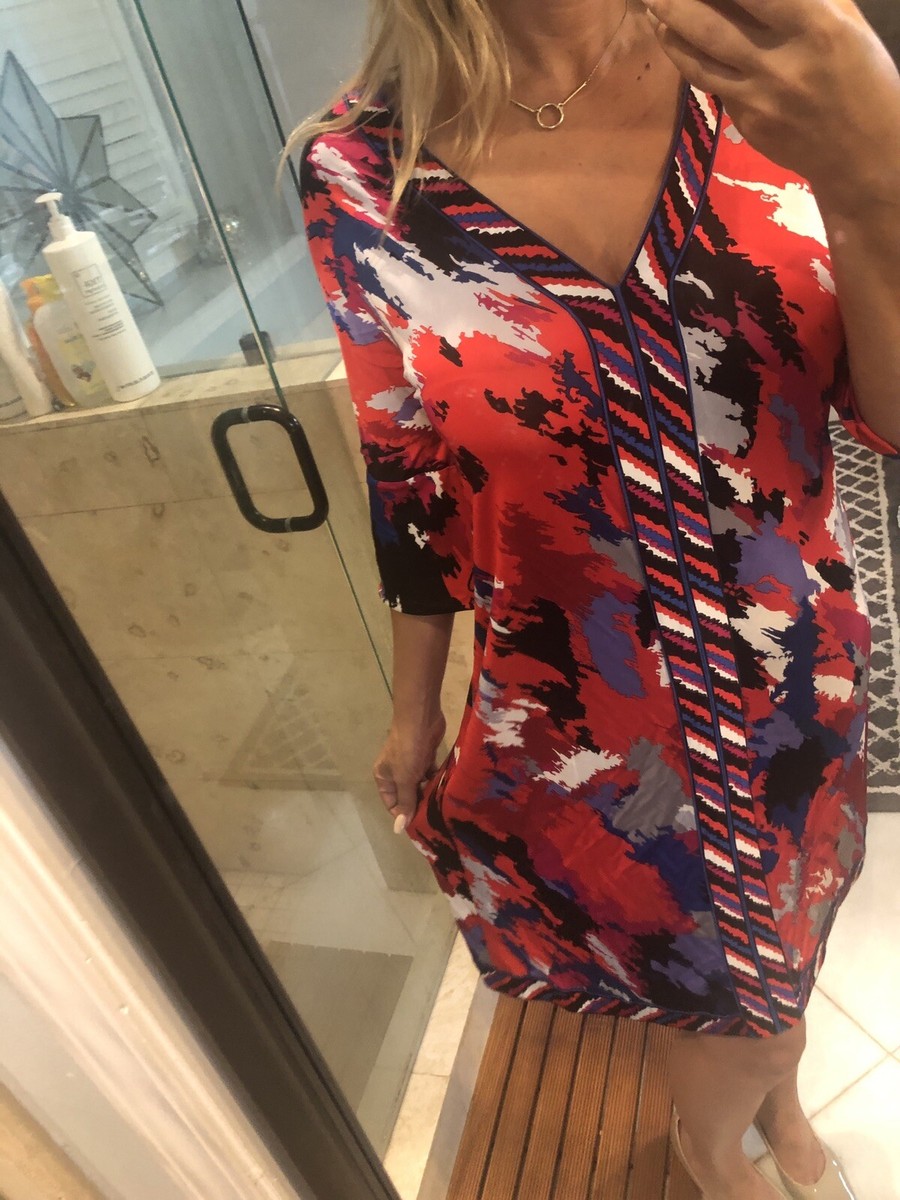 BCBG MAX AZRIA Red Blue White Combo Printed Dress L Large