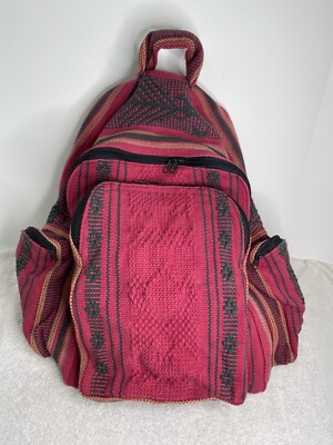 Pinzon Mexican Large Fuchsia Pink Red Woven Cotton Backpack 4 Zip Pockets EUC