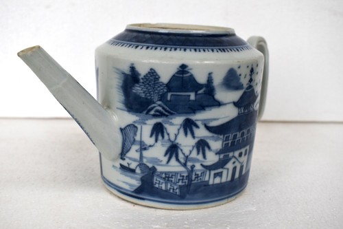 Antique Blue And White Chinese Teapot Long Spout With Hand Painted Scenic Design - Picture 3 of 16