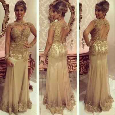 Mother of the Bride Dresses Lace Appliques Beads Long Sleeves Hollow Back