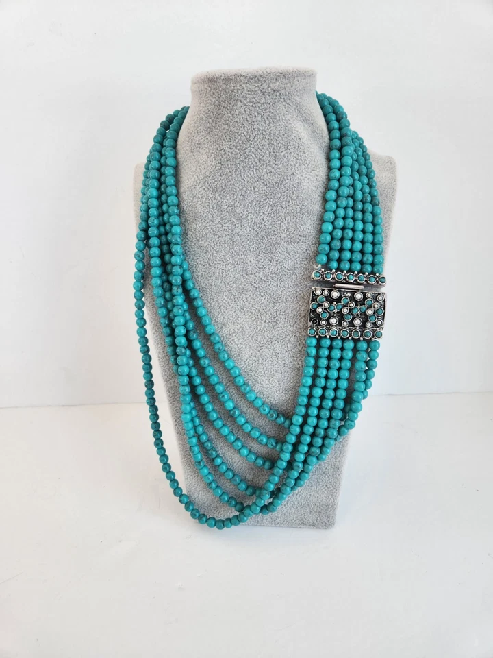 HTF $98 LUCKY BRAND Statement Necklace Multilayer Chunky Clasp Faux Turquoise