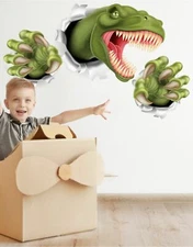 T-Rex Dinosaur Jumping out of wall. 3D Graphic Wall Decal Sticker. Peel and Stic